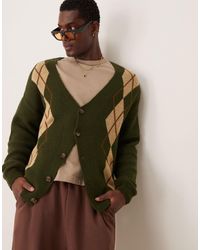 ASOS - Relaxed Fluffy Knitted Cardigan With Argyle Pattern - Lyst