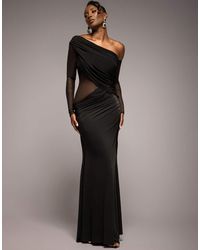 Goddiva - Gathered Cowl Asymmetric Mesh And Soft Touch Maxi Dress - Lyst