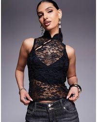 ASOS - Sheer Fitted Lace Racer Top With Rouleau Loop Buttons Detail - Lyst