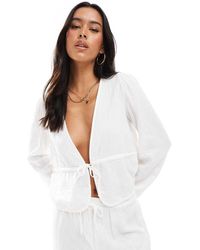 Pieces - Crinkle Cotton Tie Front Cropped Blouse Co-ord - Lyst