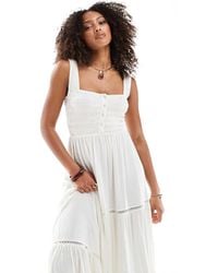 ASOS - Ruched Square Neck Tiered Midi Dress With Lace Inserts - Lyst
