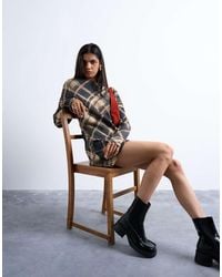 TOPSHOP - Vestido Corto Negro A Cuadros Cepillados Con Espalda Al Aire Y Mangas Murciélago De - Lyst