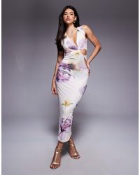 ASOS - – gerafftes maxikleid mit tiefem ausschnitt, zierausschnitt und blumenprint - Lyst