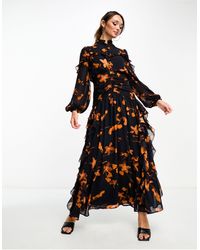 ASOS - Vestido naranja oscuro largo abotonado con estampado floral, cuerpo fruncido y detalle - Lyst
