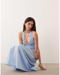 Nobody's Child - Caterina Linen Blend Halter Neck Shirred Bodice Ruffle Trim Midi Dress - Lyst