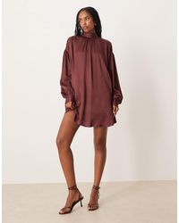 ASOS - High Neck Blouson Sleeve Open Back Satin Slip Mini Dress - Lyst