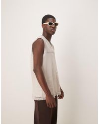 ASOS - Camiseta Color Piedra Extragrande Sin Mangas Con Cuello De Pico De Malla Calada De -Neutro - Lyst