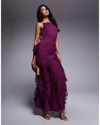 ASOS - High Neck Satin Low Back Maxi Dress With Chiffon Mix Ruffles - Lyst