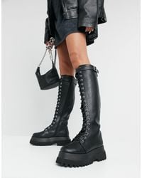 asos design camera chunky lace up knee boots in black