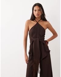 ASOS - Top dos nu texturé d'ensemble avec liens à nouer à franges - chocolat - Lyst