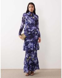 DASKA - Hoogsluitende Maxi Jurk Van Chiffon Met Uitsnijding, Gelaagde Ruches En Abstracte Print - Lyst