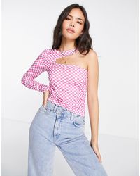 Pieces - Laya Checkerboard Print One Sleeve Top - Lyst