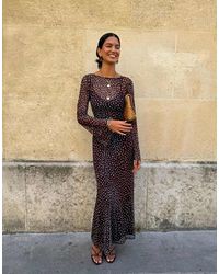 Never Fully Dressed - Mesh Overlay Boothals Maxi Jurk Met Uitlopende Mouwen - Lyst