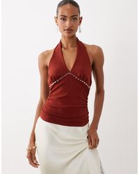 ASOS - Compact Cotton Ruched Halter Neck Top With Bead Detail - Lyst