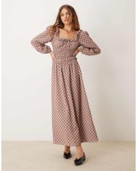 Glamorous - Geruite Maxi Jurk Met Vierkante Hals, Volumineuze Mouwen En Ruches - Lyst