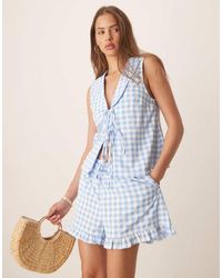 ASOS - Top A Cuadros Vichy Azules Y Blancos Sin Mangas Con Cuello De Solapas Extragrandes Y Volante De (Parte De Un Conjunto) - Lyst