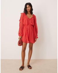 ASOS - Ruffle V Neck Mini Dress With Tie Front - Lyst