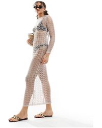 Miss Selfridge - Beach Metallic Crochet Flare Sleeve Maxi Dress With Low Back - Lyst