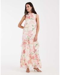 Vero Moda - Vestido Largo Color Crema Y Rosa Sin Mangas Con Estampado Floral, Cuello Subido Y Volante En El Bajo De -Blanco - Lyst