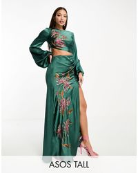 ASOS - Asos Design Tall Long Sleeve Cut Out Bias Maxi Dress With Floral Embroidery - Lyst