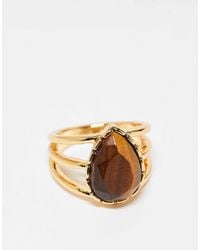 ASOS - 14k Plated Ring With Real Tigers Eye Semi Precious Stone - Lyst