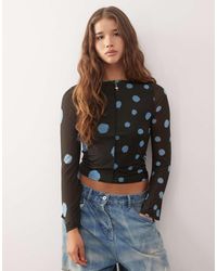 Reclaimed Vintage - Slash Neck Flare Sleeve Top With Spliced Blurred Polka Dot Print - Lyst