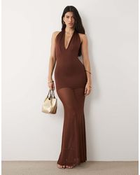 Aria Cove - Slinky Plunge Halterneck Sheer Hem Maxi Dress - Lyst