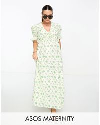 ASOS - Asos design maternity - robe babydoll mi-longue en coton à fleurs - crème et vert - Lyst