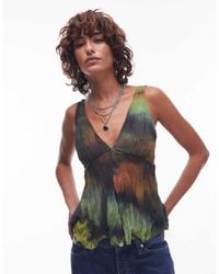 TOPSHOP - Crinkle Mesh Print V-Neck Top - Lyst
