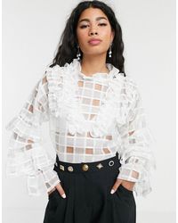 Sister Jane Blouse With Ruffle Detail In Sheer Organza Check - White