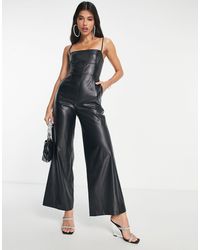 ASOS - Leather Look Strappy Wide Leg Jumpsuit - Lyst