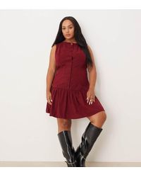 ASOS - Vestido Corto Con Cintura Baja, Cuello Barco Y Botones De Pana De Asos Design Curve - Lyst