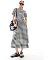 Threadbare - Vestido Midi A Cuadros Vichy Negros Y Blancos De Manga Corta Con Bolsillos De Punto Liso De - Lyst