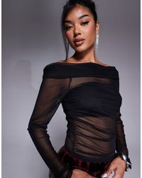 ASOS - Fold Over Gathered Off Shoulder Long Sleeve Mesh Top - Lyst