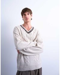 TOPMAN - Relaxed Fit Cable Knitted V-neck Jumper With Fairisle Trim - Lyst