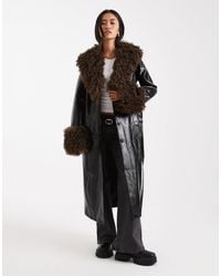 Miss Selfridge - Faux Fur Trim Vinyl Trench Coat - Lyst