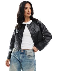 ASOS - Asos Design Petite Cropped Collarless Leather Look Jacket - Lyst