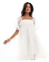 LACE & BEADS - Mini Babydoll-Jurk Van Organza Met Vierkante Hals - Lyst