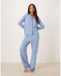 ASOS - Pigiama Super Morbido Con Camicia A Maniche Lunghe E Pantaloni E Verde A Righe Con Profili A Contrasto - Lyst
