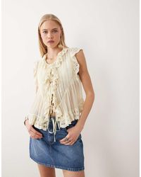 Miss Selfridge - Chiffon Tie Front Lace Trim Blouse - Lyst