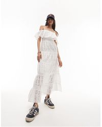 TOPSHOP - Strappy Broderie Maxi Dress With Frill Neck - Lyst