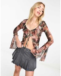 Miss Selfridge - Tie Front Mesh Blouse With Ruffle Detail - Lyst