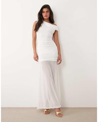 TFNC London - Mesh Asymmetric Off Shoulder Ruched Sheer Hem Maxi Dress - Lyst