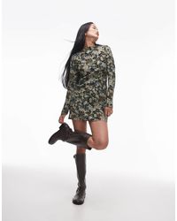 TOPSHOP - Vestido Corto Verde Y Azul De Manga Larga Con Estampado Floral Y Cuello Barco De - Lyst