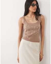 Miss Selfridge - Embellished Rib Square Neck Top - Lyst