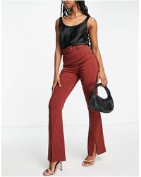 Vila High Waisted Stretch Belted Pants With Split Front - Brown