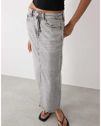 Vila - Denim Midi Rok Met Hoge Taille En Split Aan De Voorkant - Lyst