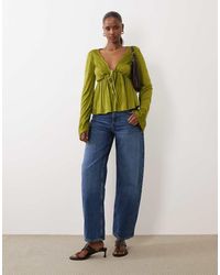 ASOS - Crinkle Lace Trim Plunge Top With Flare Sleeve - Lyst