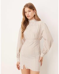ASOS - – hochgeschlossenes minikleid aus popeline mit faltendetails und streifenmuster - Lyst