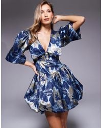 ASOS - Jacquard Puff Sleeve Collared Mini Dress With Embellished Buttons - Lyst
